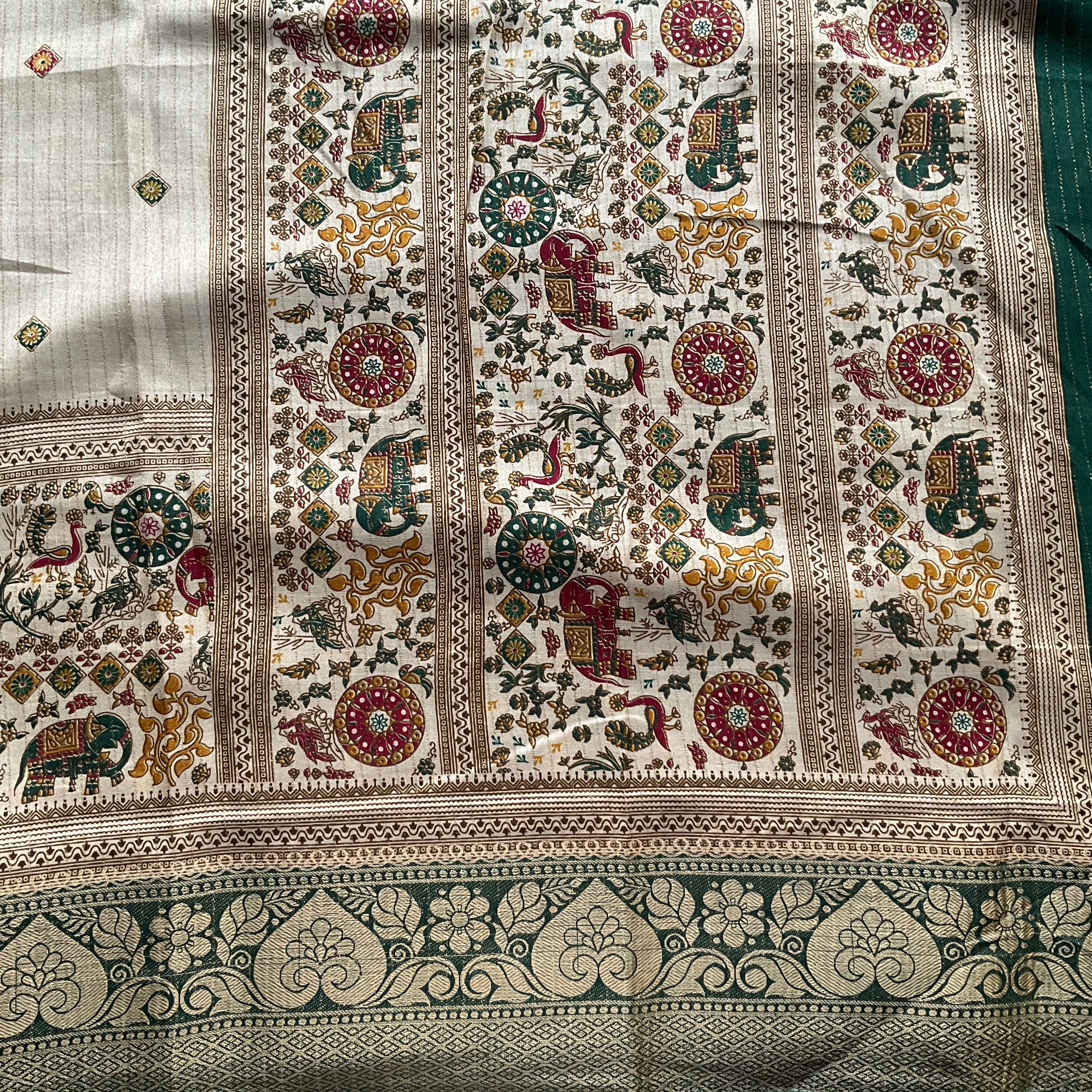 Banarasi Zari Striped Saree with Kalamkari Border & Matching Butta Blouse - Image 4