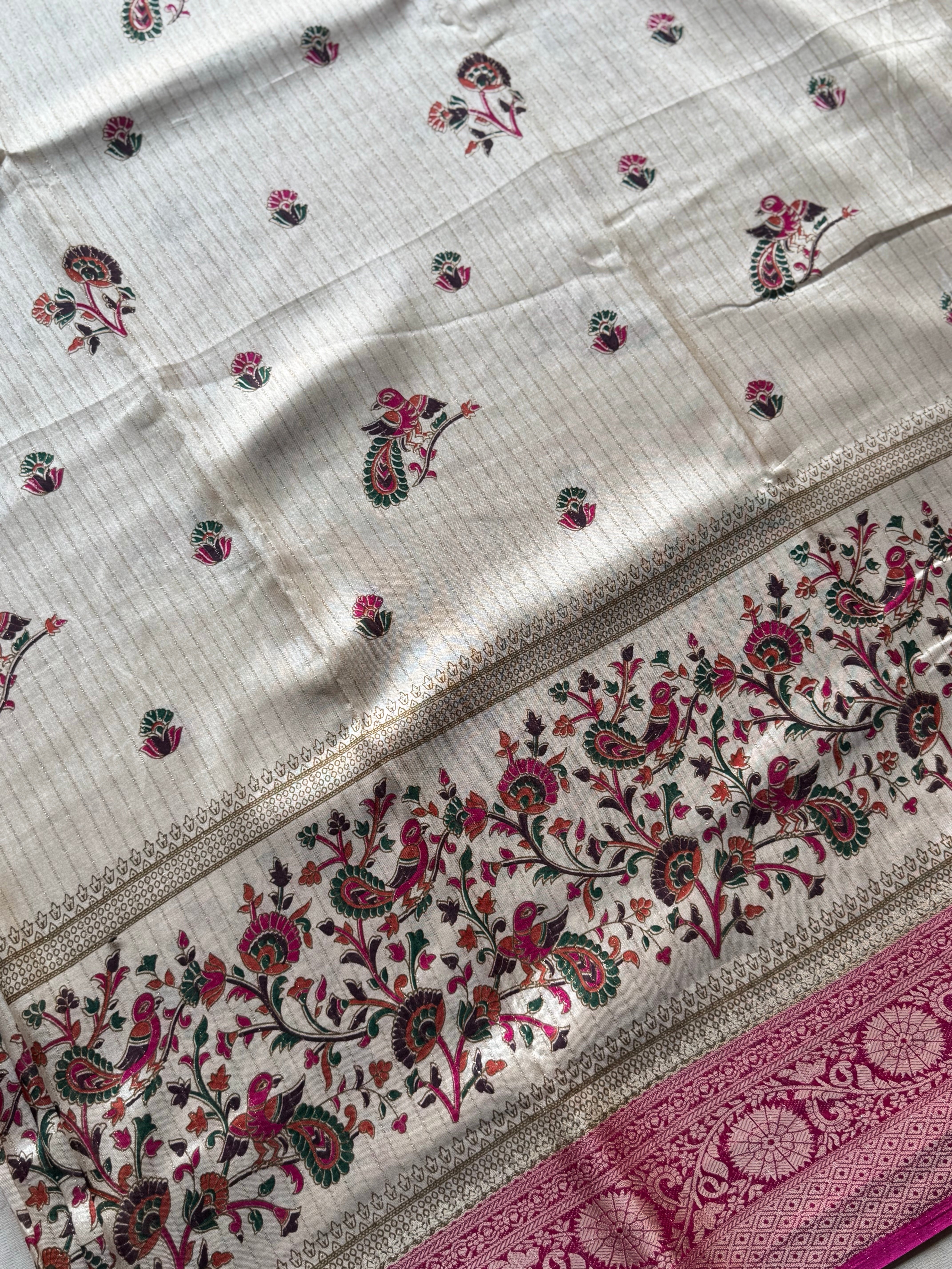 Banarasi Zari Striped Saree with Kalamkari Border & Matching Butta Blouse - Image 2