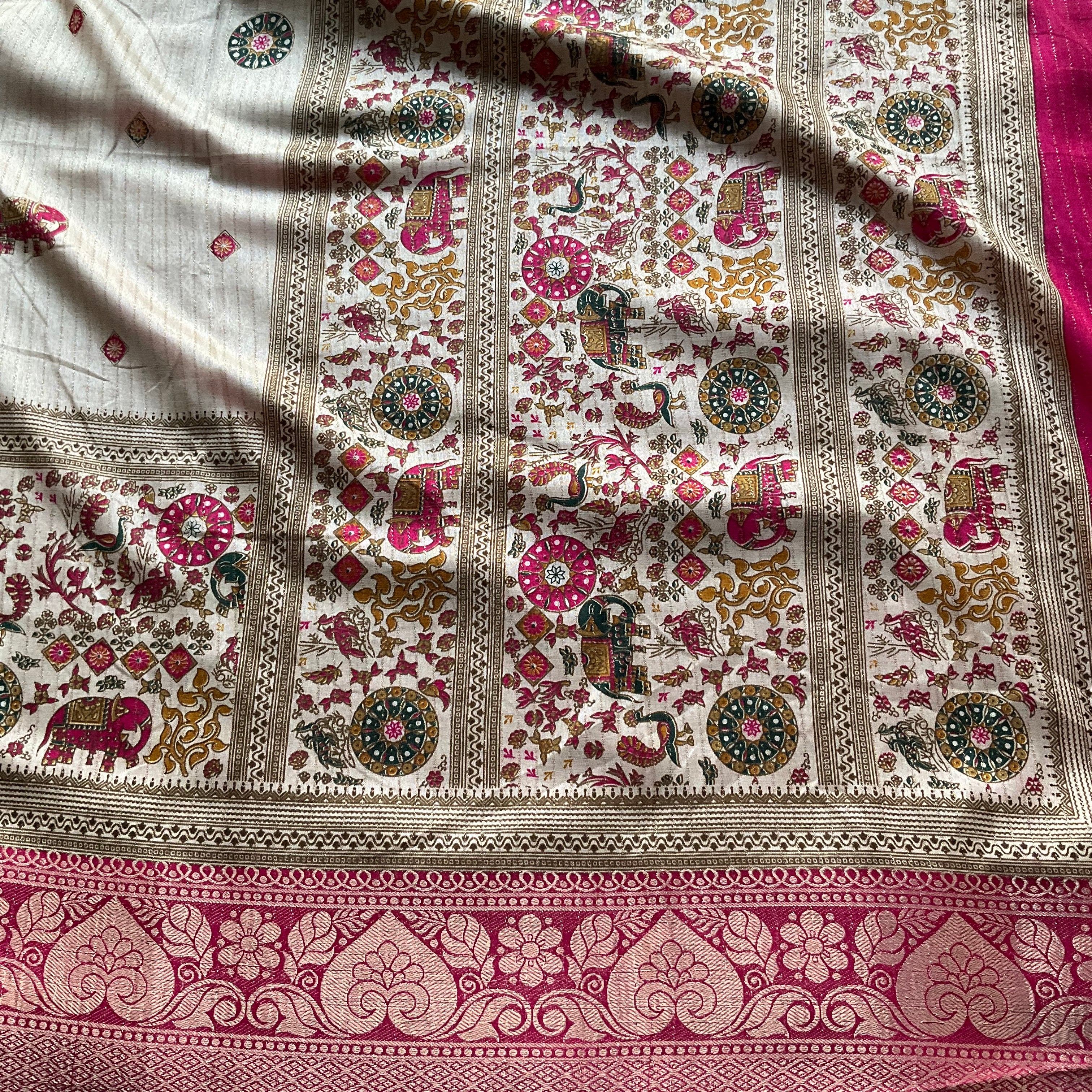 Banarasi Zari Striped Saree with Kalamkari Border & Matching Butta Blouse - Image 4