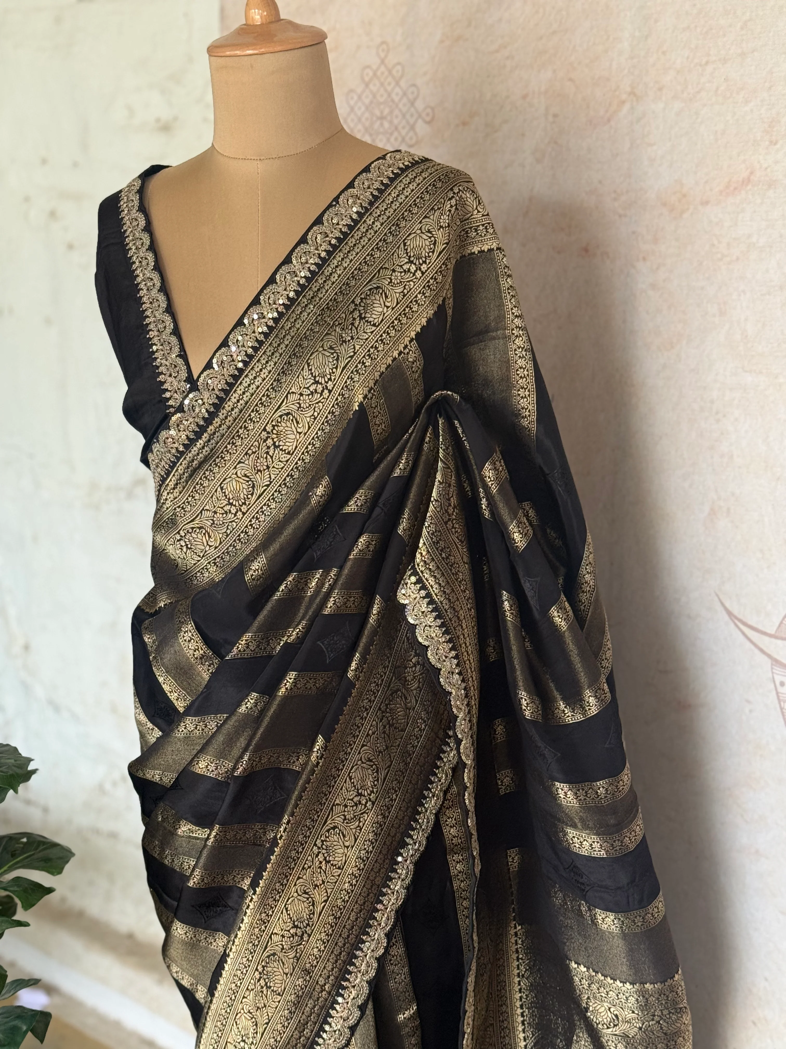 Classic Black Banarasi Silk Saree with Antique Gold Zari & Embellished Border