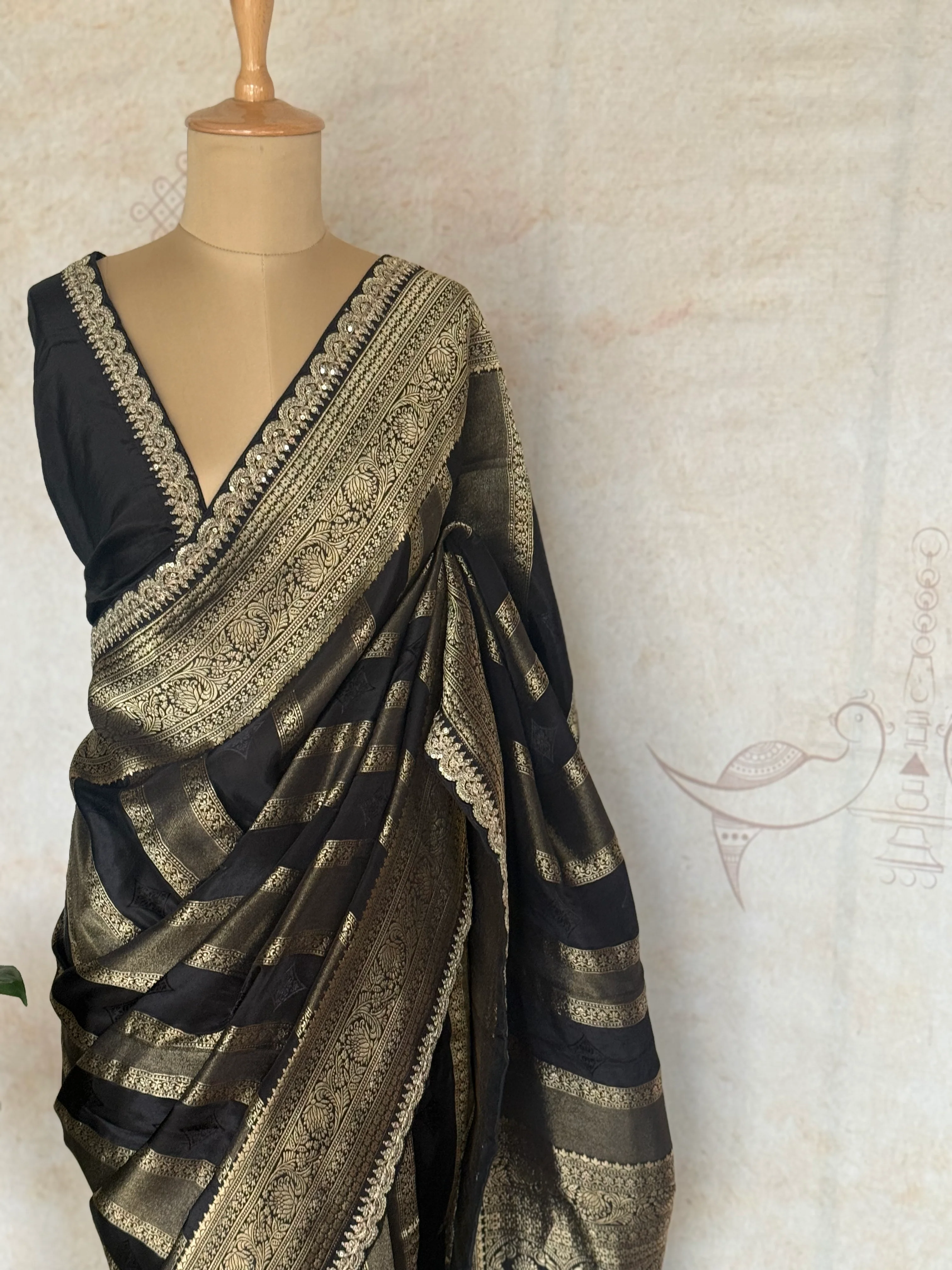 Classic Black Banarasi Silk Saree with Antique Gold Zari & Embellished Border - Image 2