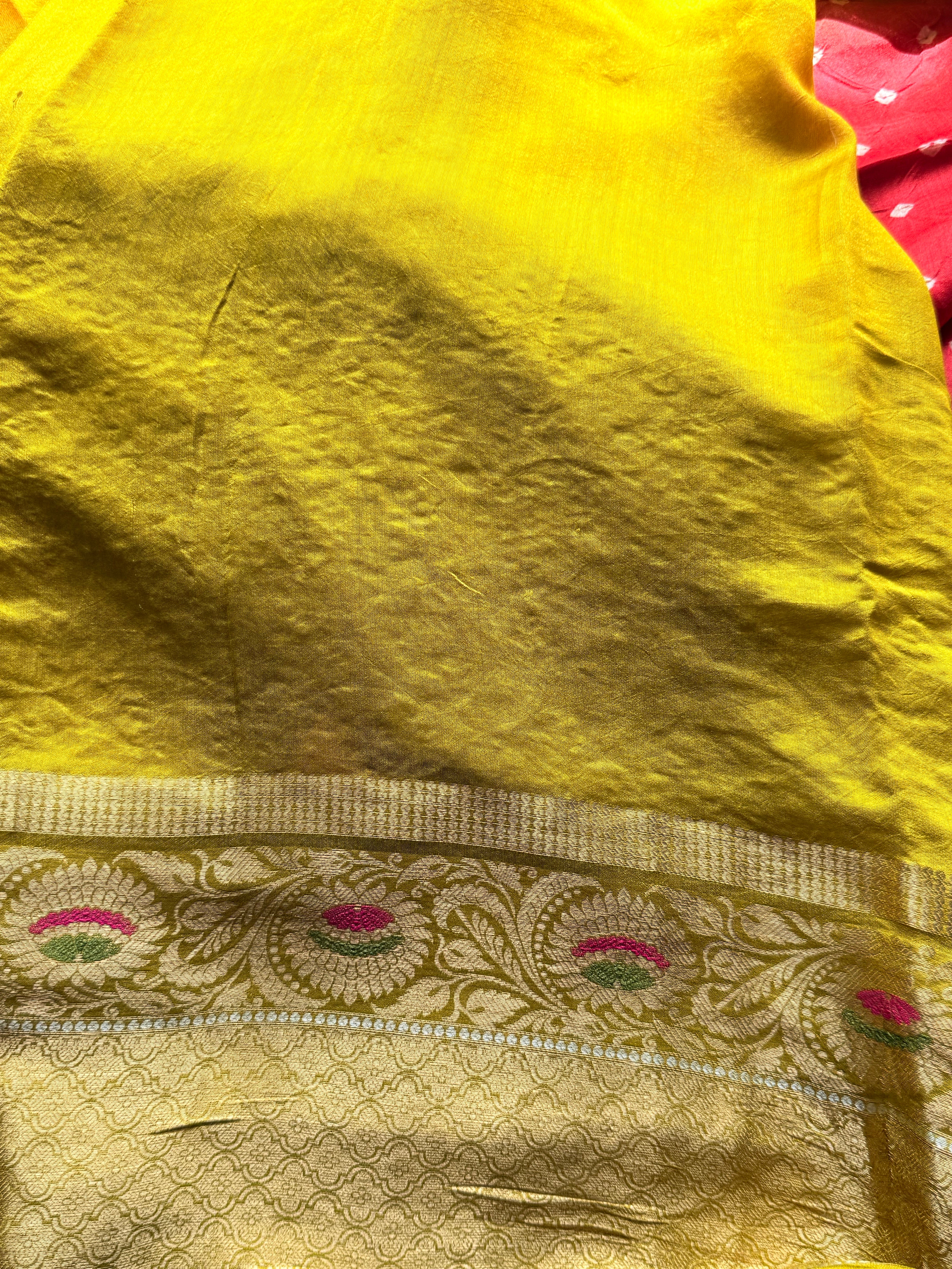 Dhara - Red & Mustard Yellow Embroidered Silk Saree with Antique Zari Border - Image 4