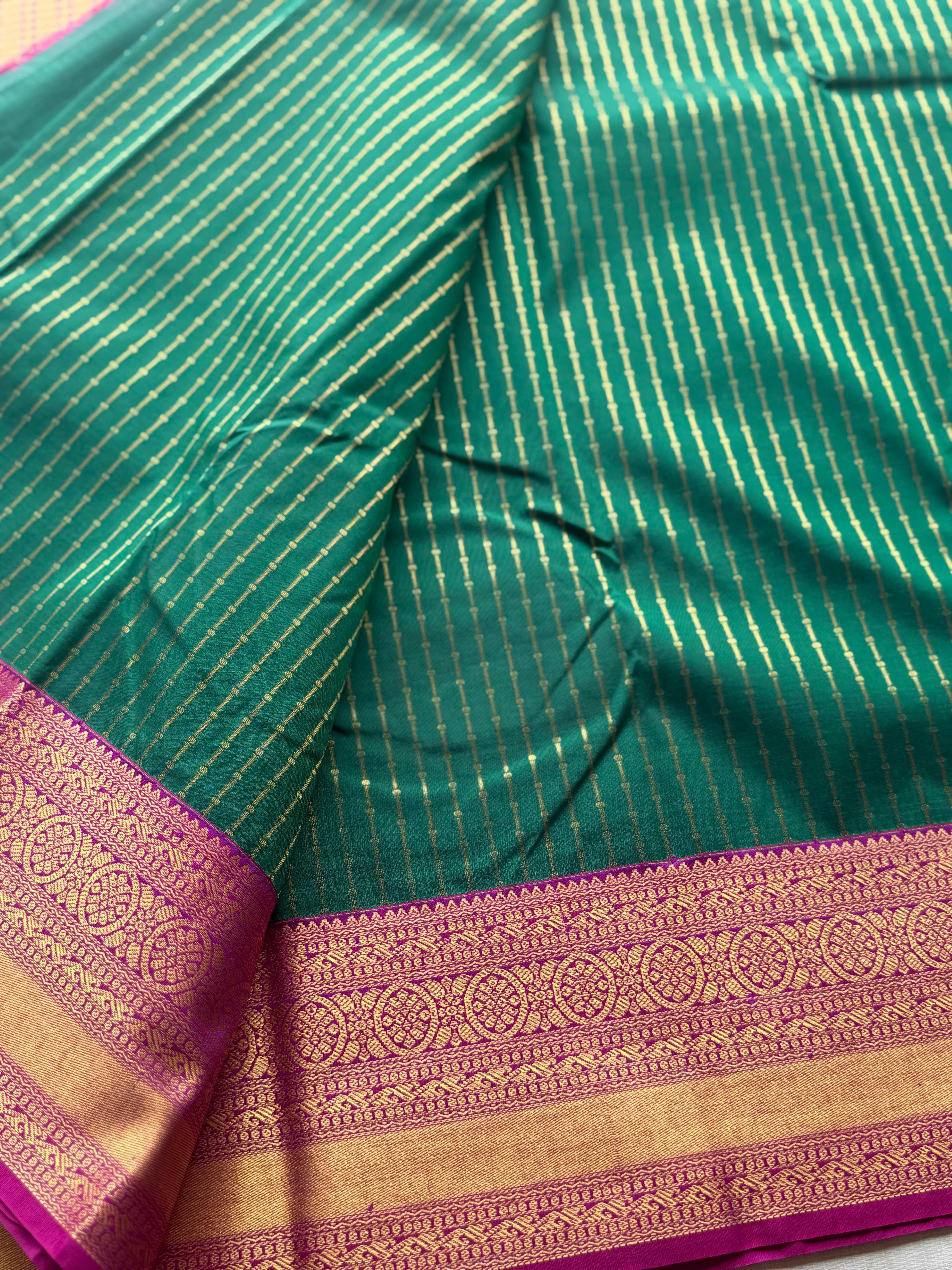 Emerald Green Semi Kanchipuram Silk Saree with Gold Zari Stripes & Traditional Temple Border - Image 3