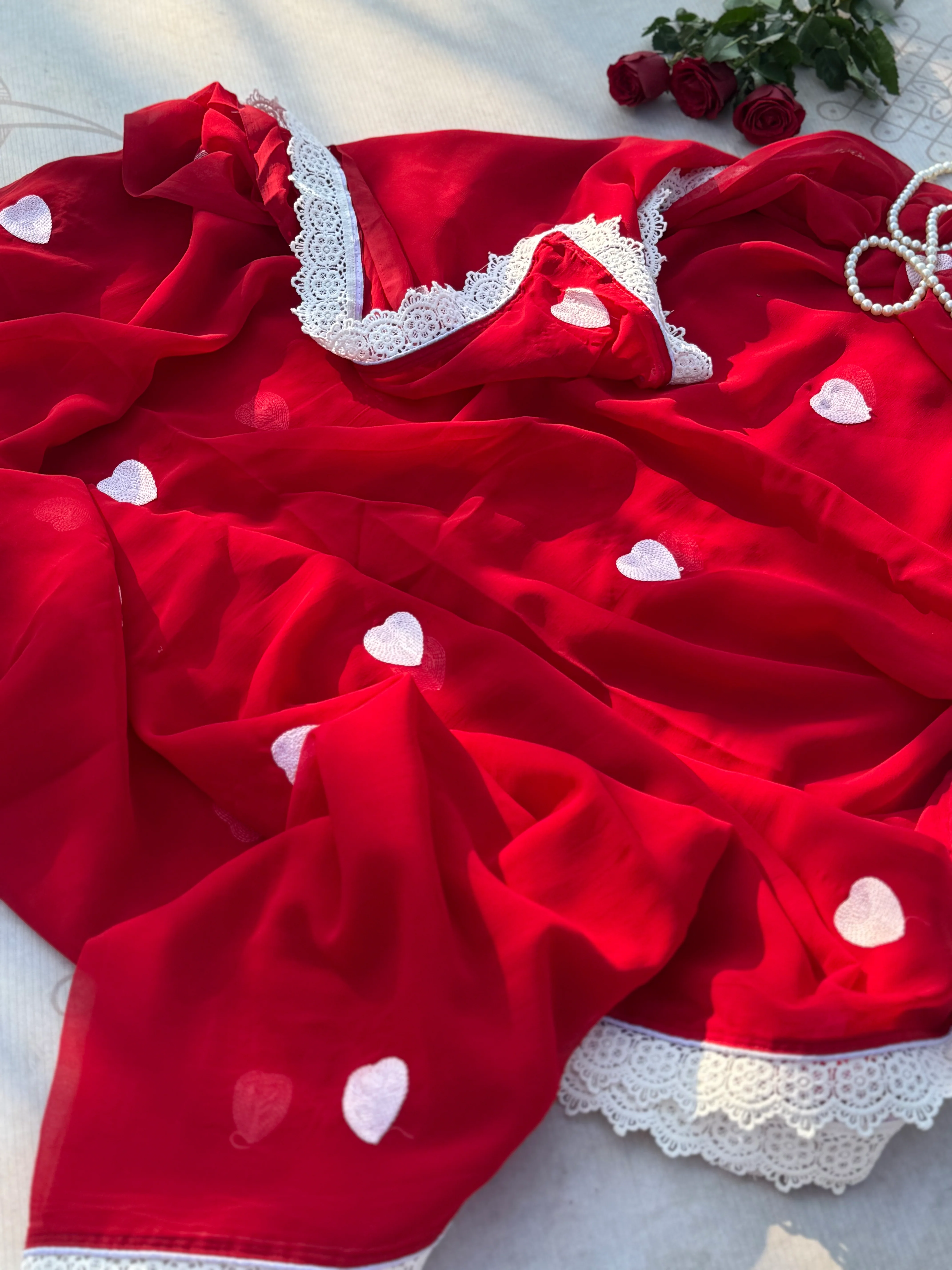 Heartly – Red with Hakoba Lace Saree | Elegant Semi-Georgette Saree - Image 3