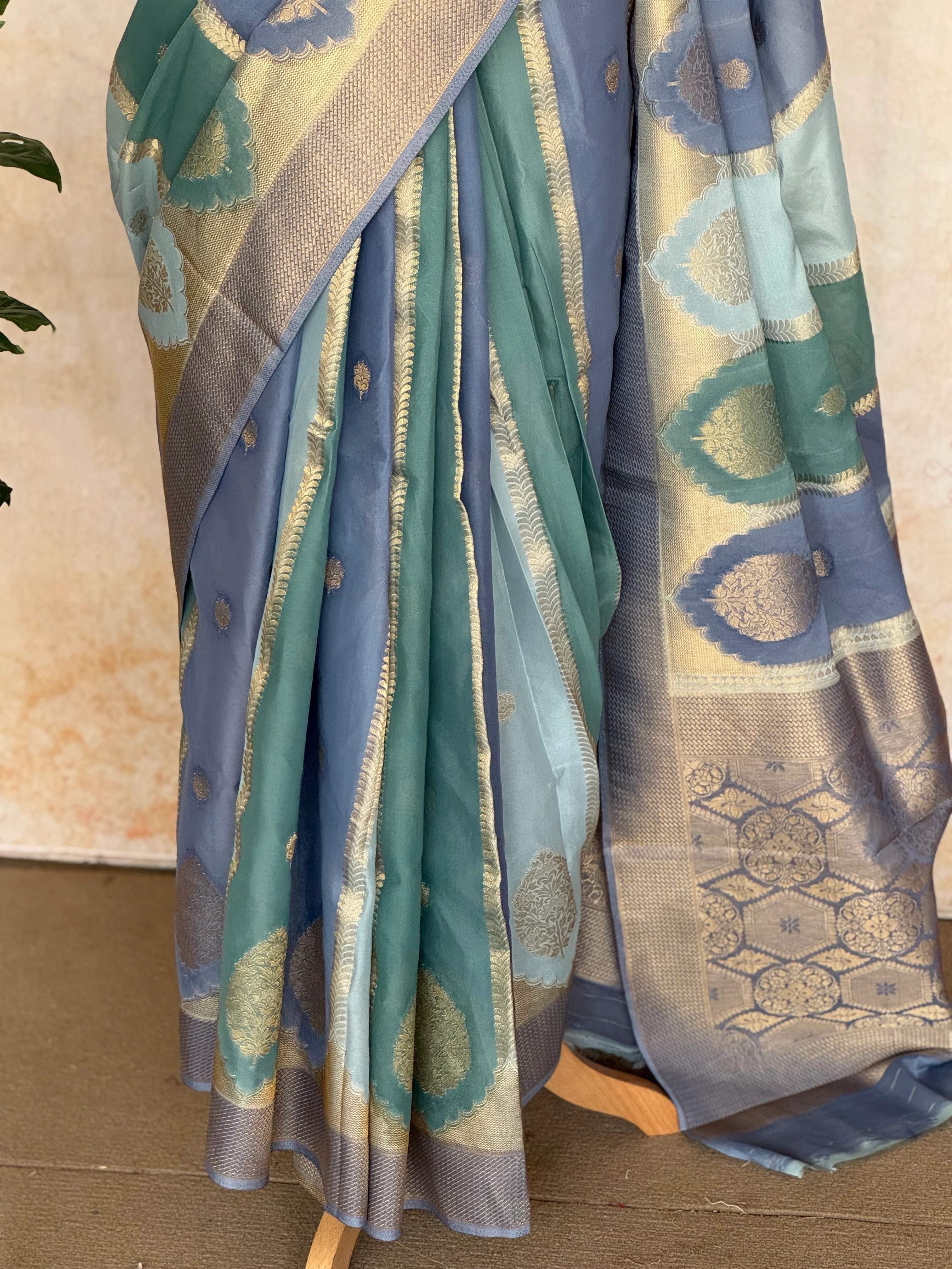 Ishara Mashru Silk Saree - Teal & Powder Blue with Zari Panels - Image 4