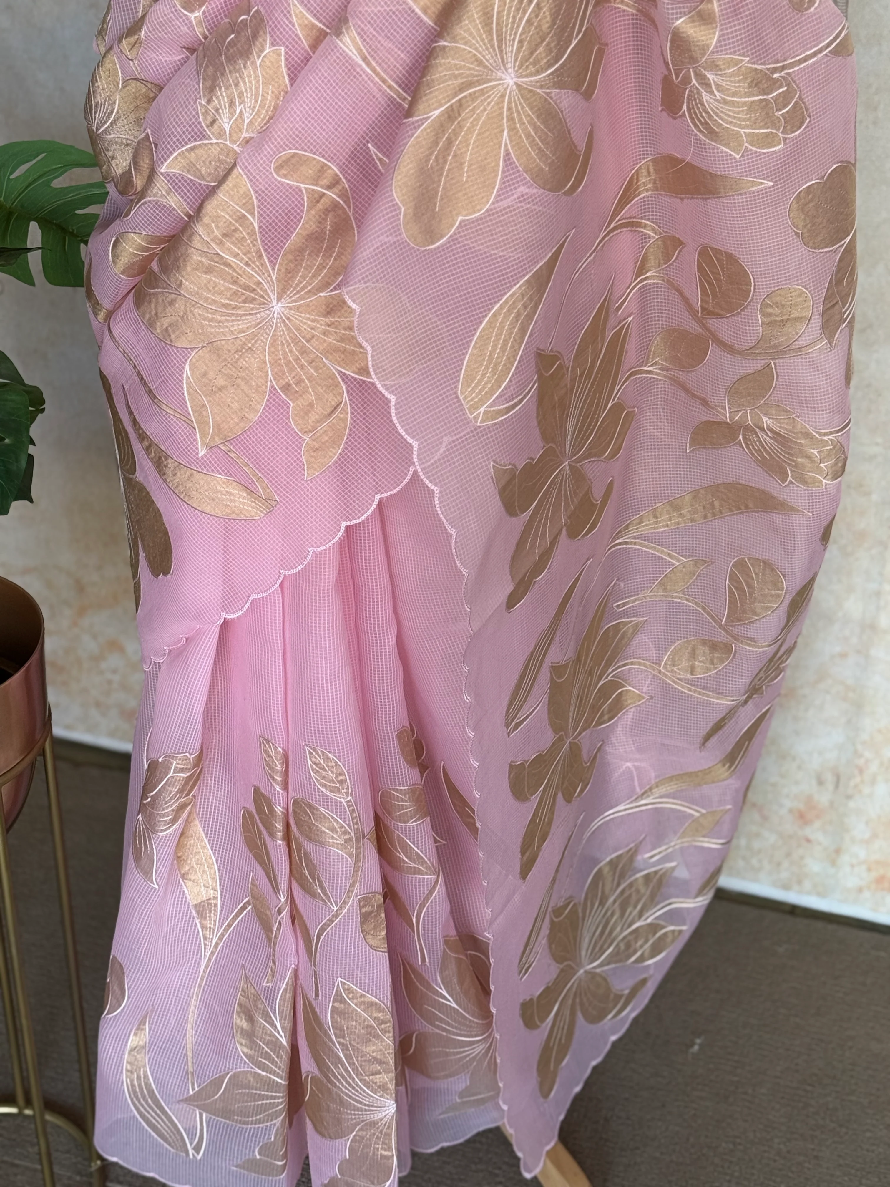 Kota silk Saree with Gold Floral Appliqué Border | Handcrafted Appliqué Work Saree - Image 3