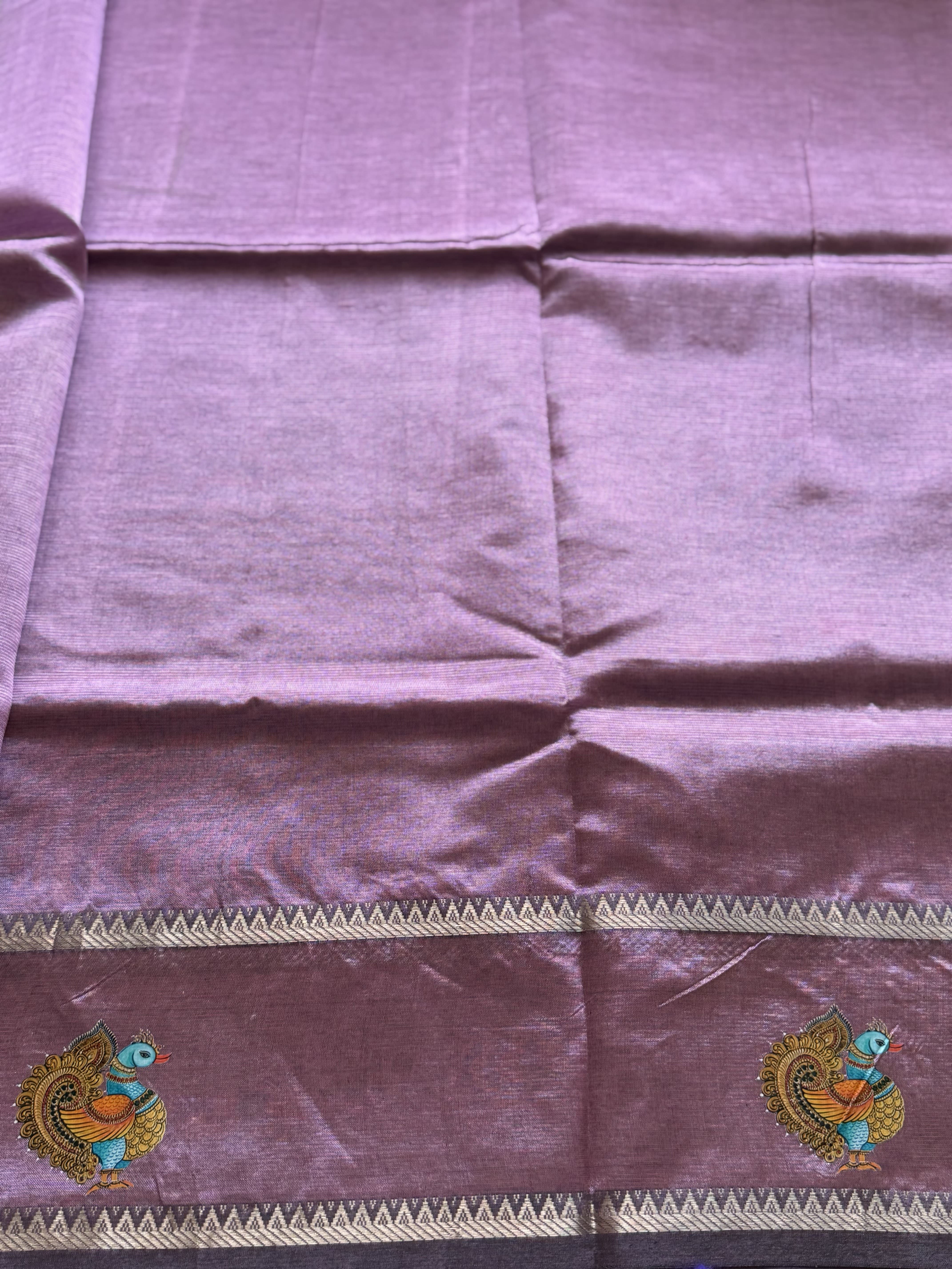 Narthaki - Mangalagiri Semi Silk Tanjore Handpainted Saree with Silver Temple Zari Border - Image 5