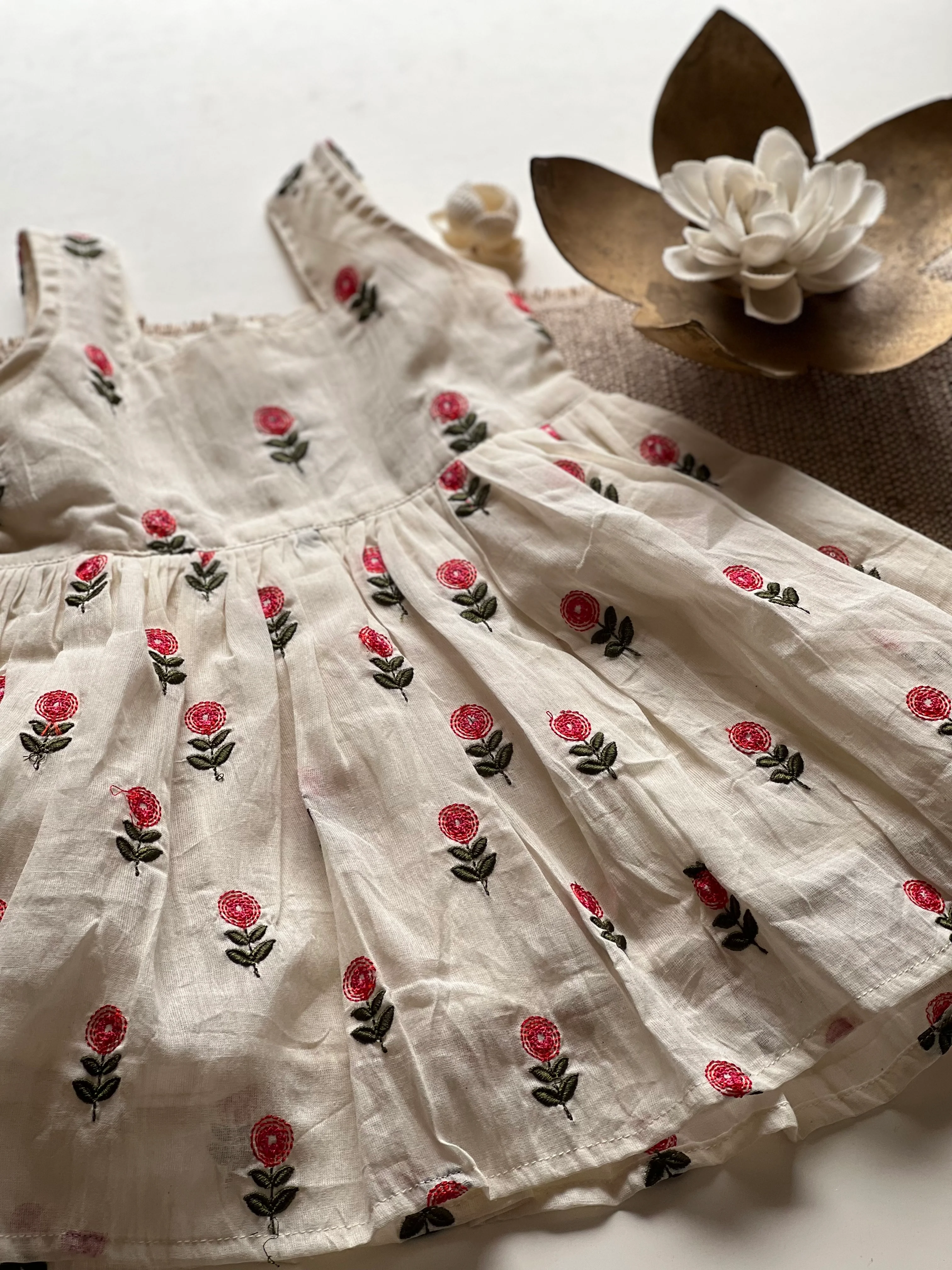 Multicolour Floral Embroidery Kids Frock - Red