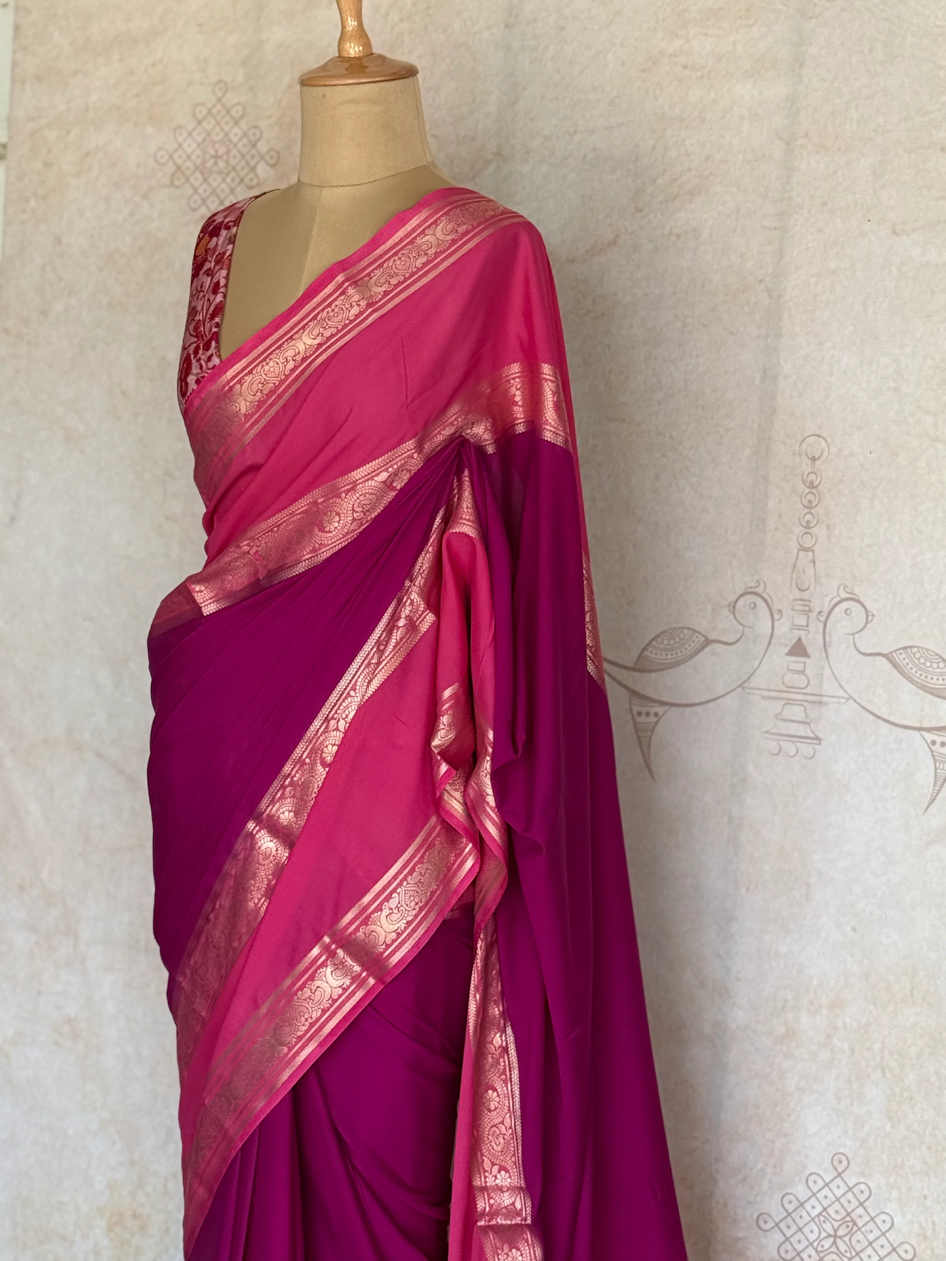 Mysore Crepe Silk Saree with Bentex Border & Contrast Blouse - Image 3