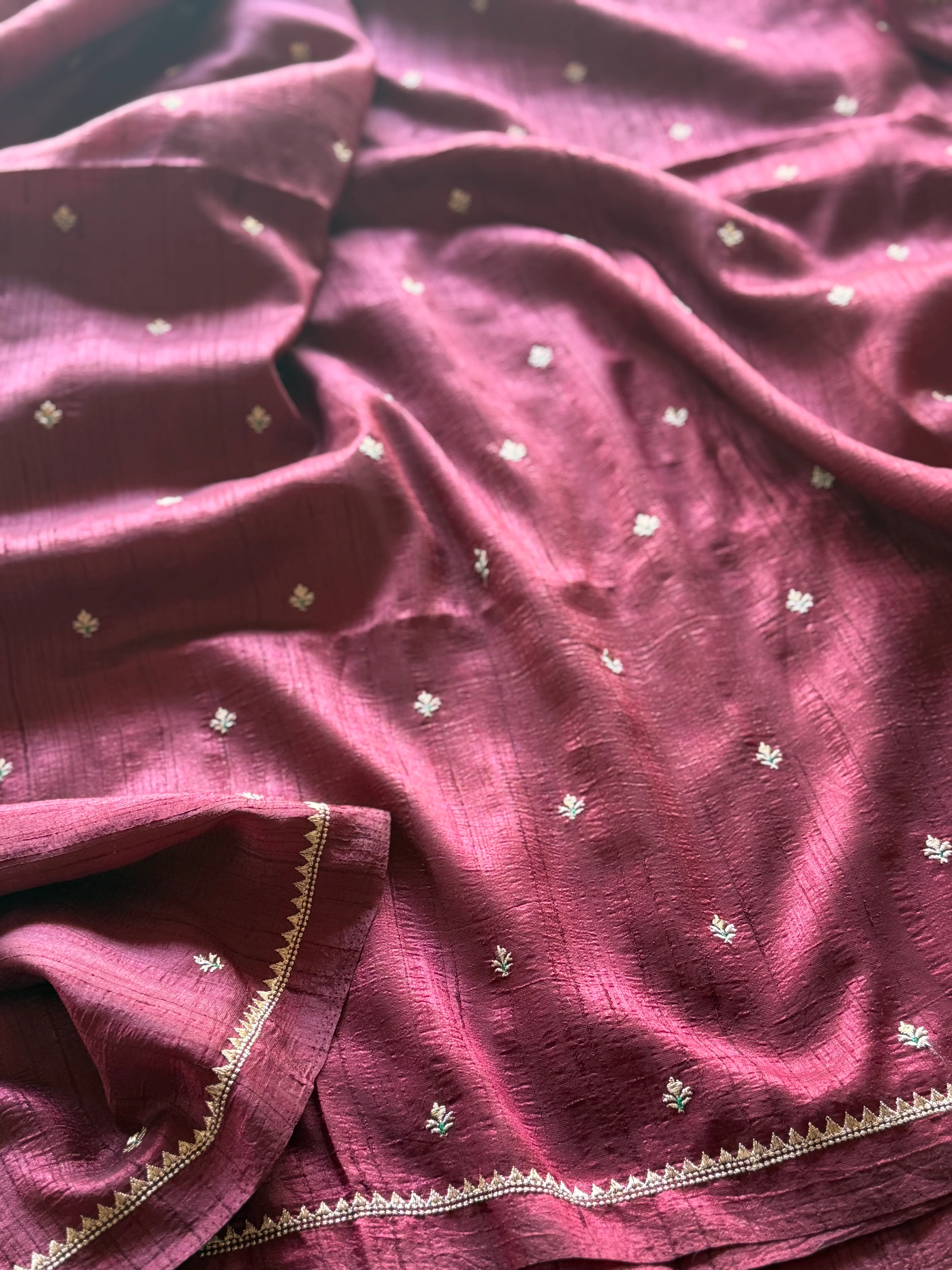 Handwoven Jute Tussar Silk Saree with All-Over Embellishments & Embroidered Blouse - Image 3