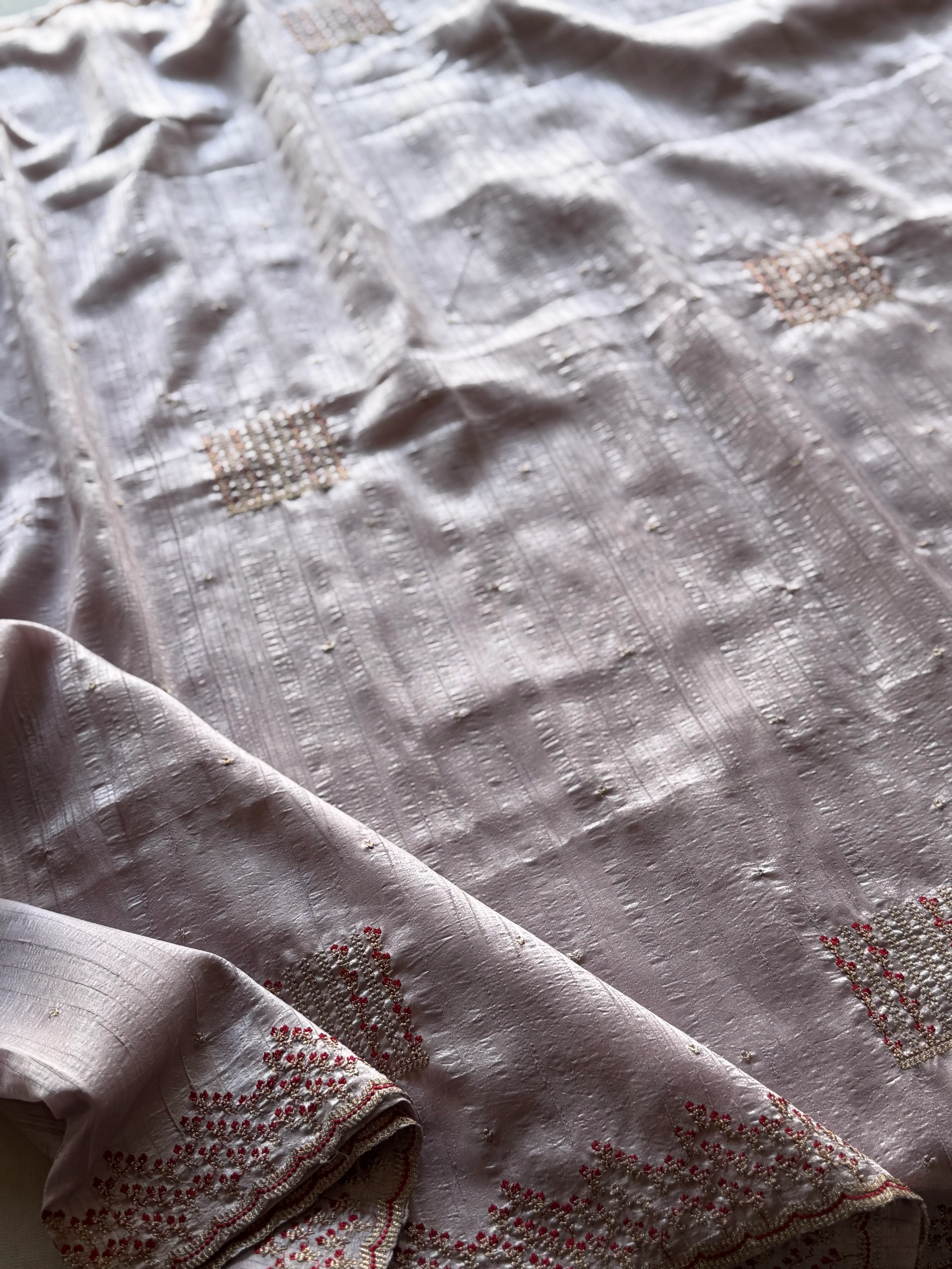 Pastel Jute Tussar Saree with Hand Embellishments & Minimal Border - Image 3