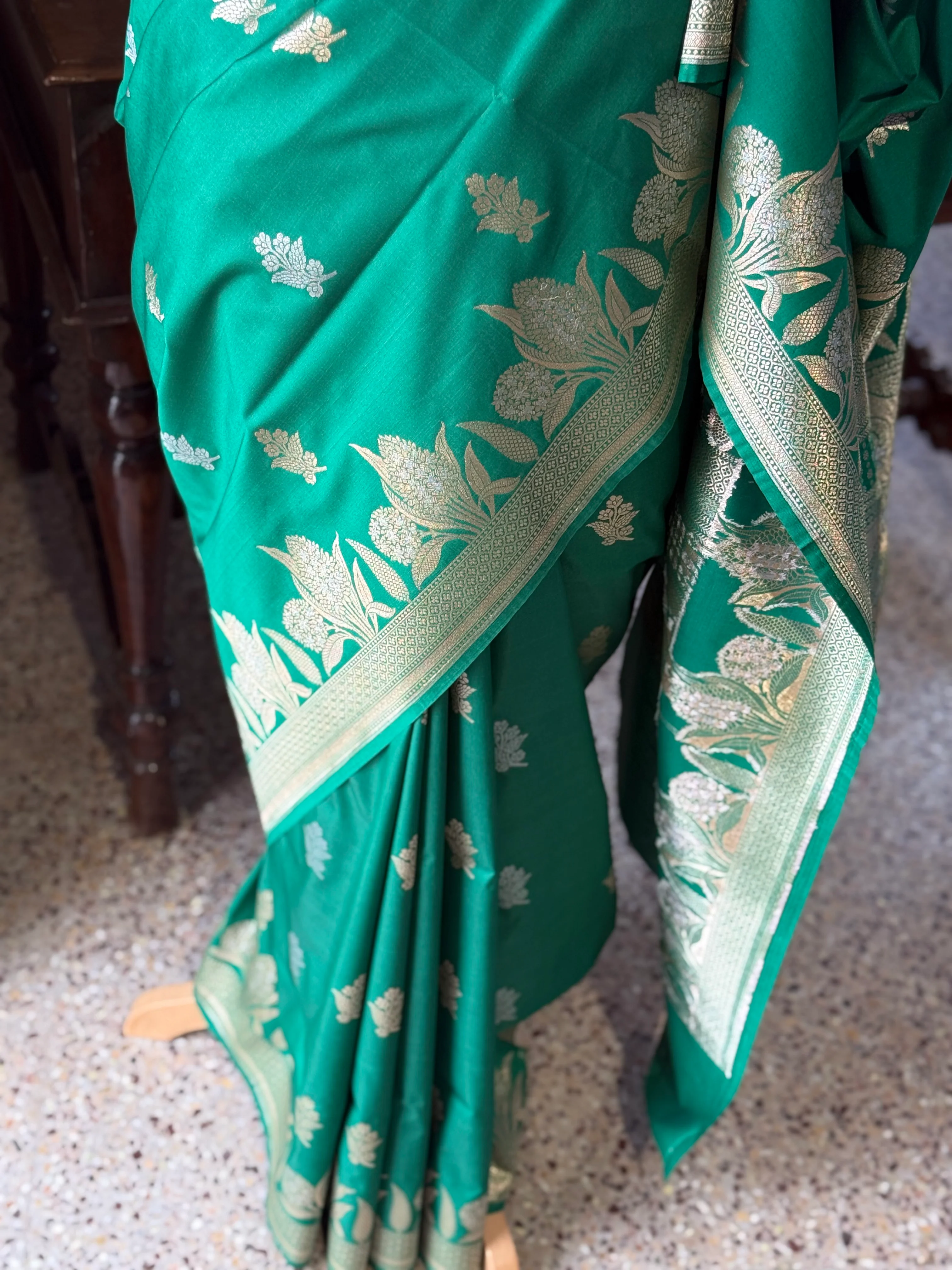 Pure Banarasi Katan Silk Saree – Aqua Green Shade - Image 3