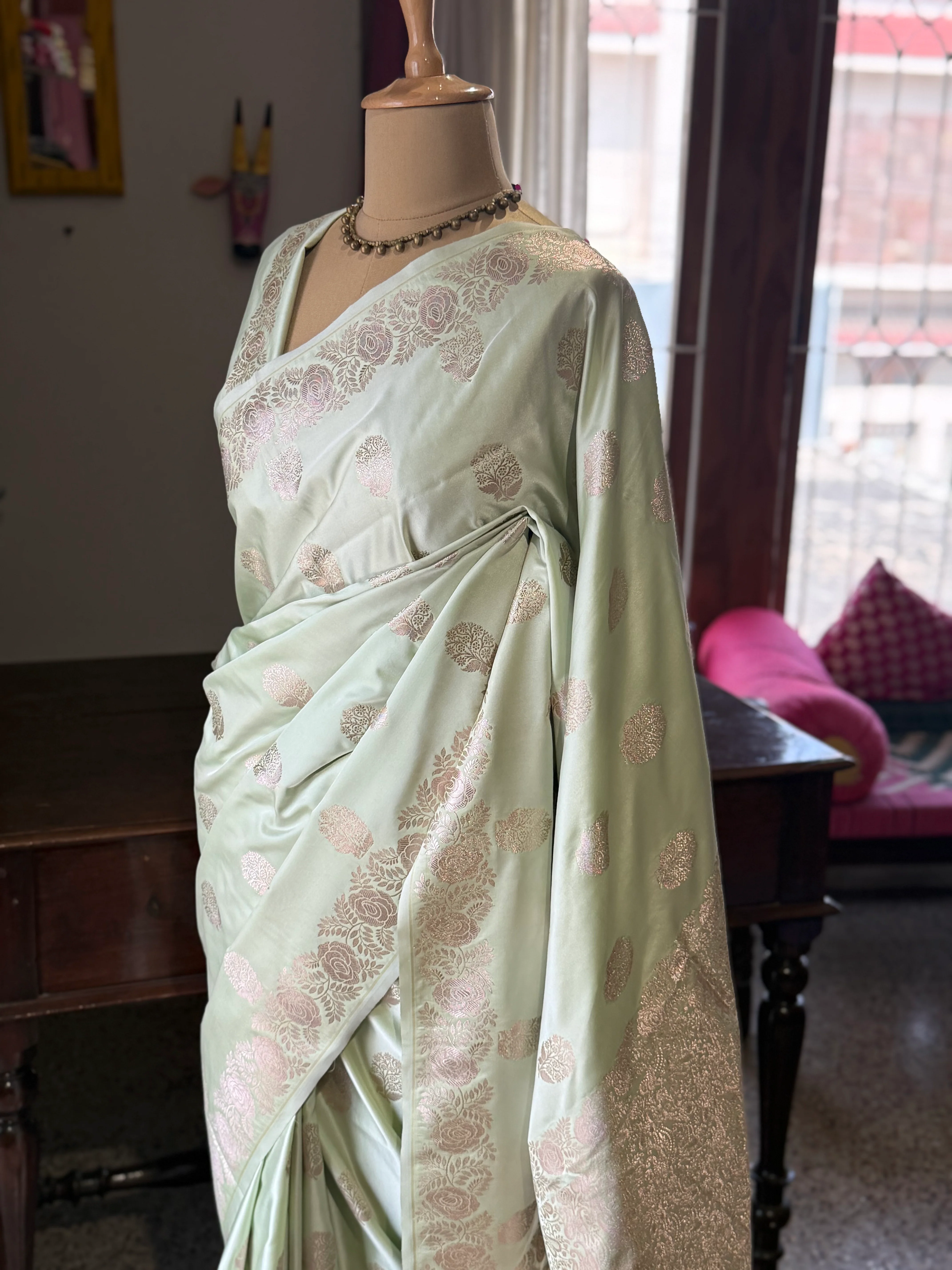 Pure Banarasi Katan Silk Saree – Mint Green - Image 2