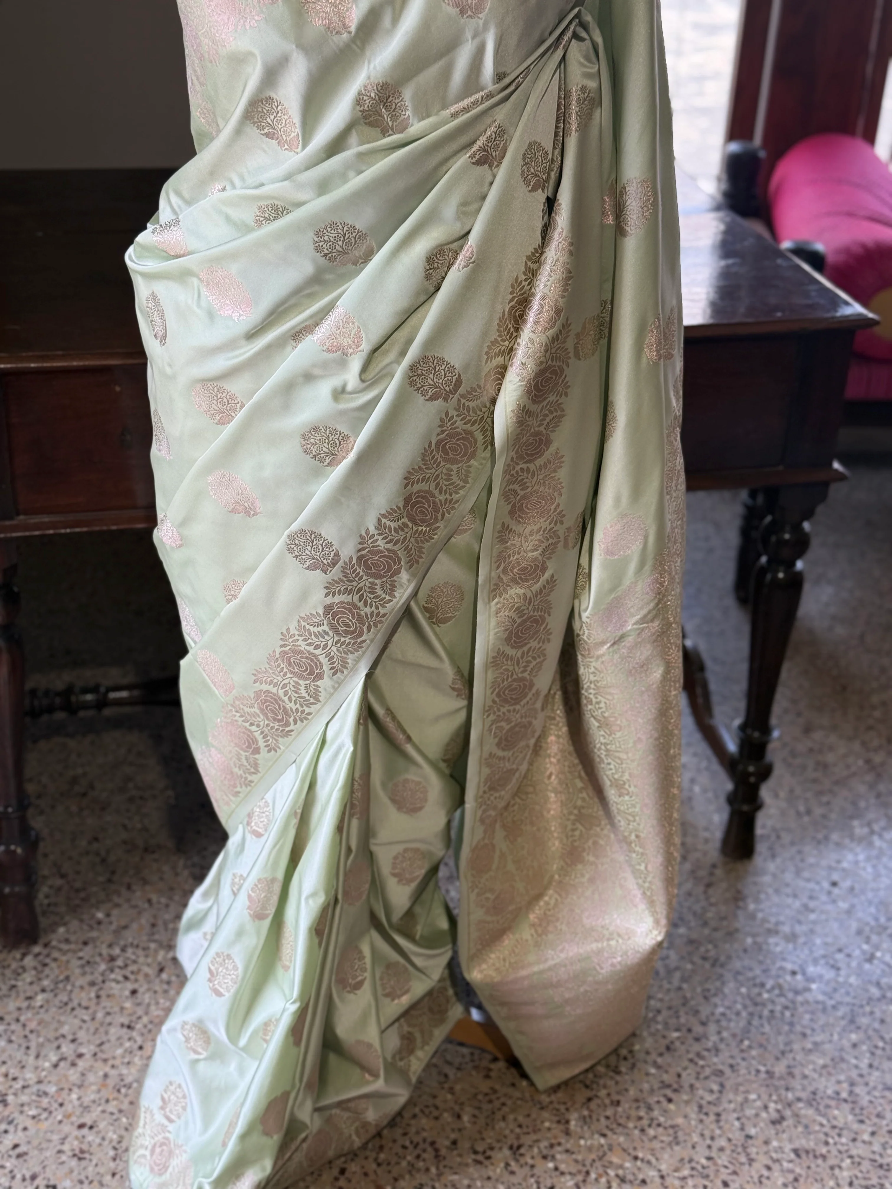 Pure Banarasi Katan Silk Saree – Mint Green - Image 4