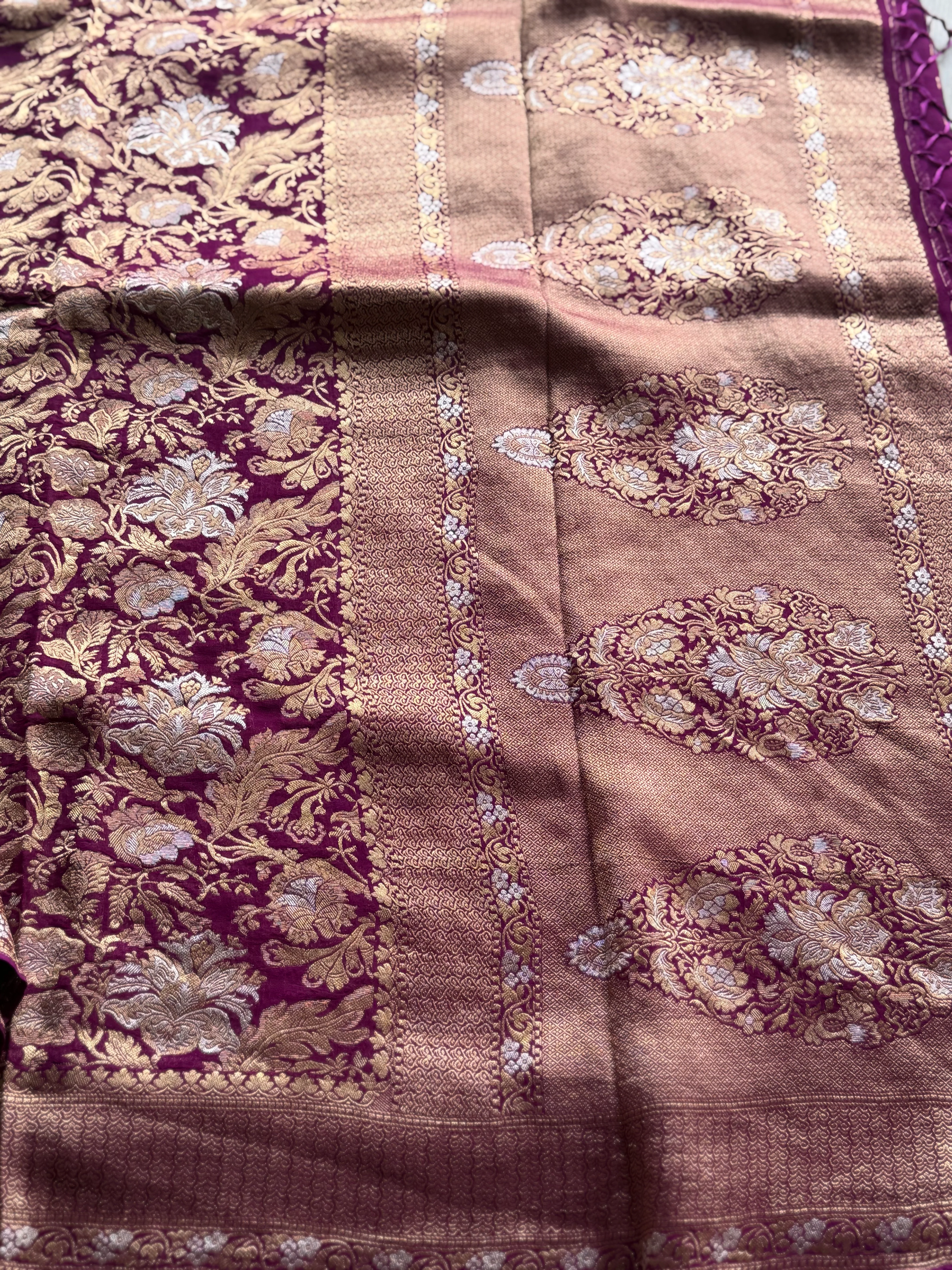 Pure Georgette Antique Banarasi Saree in Royal Wine with Floral Zari Weaving - Image 3