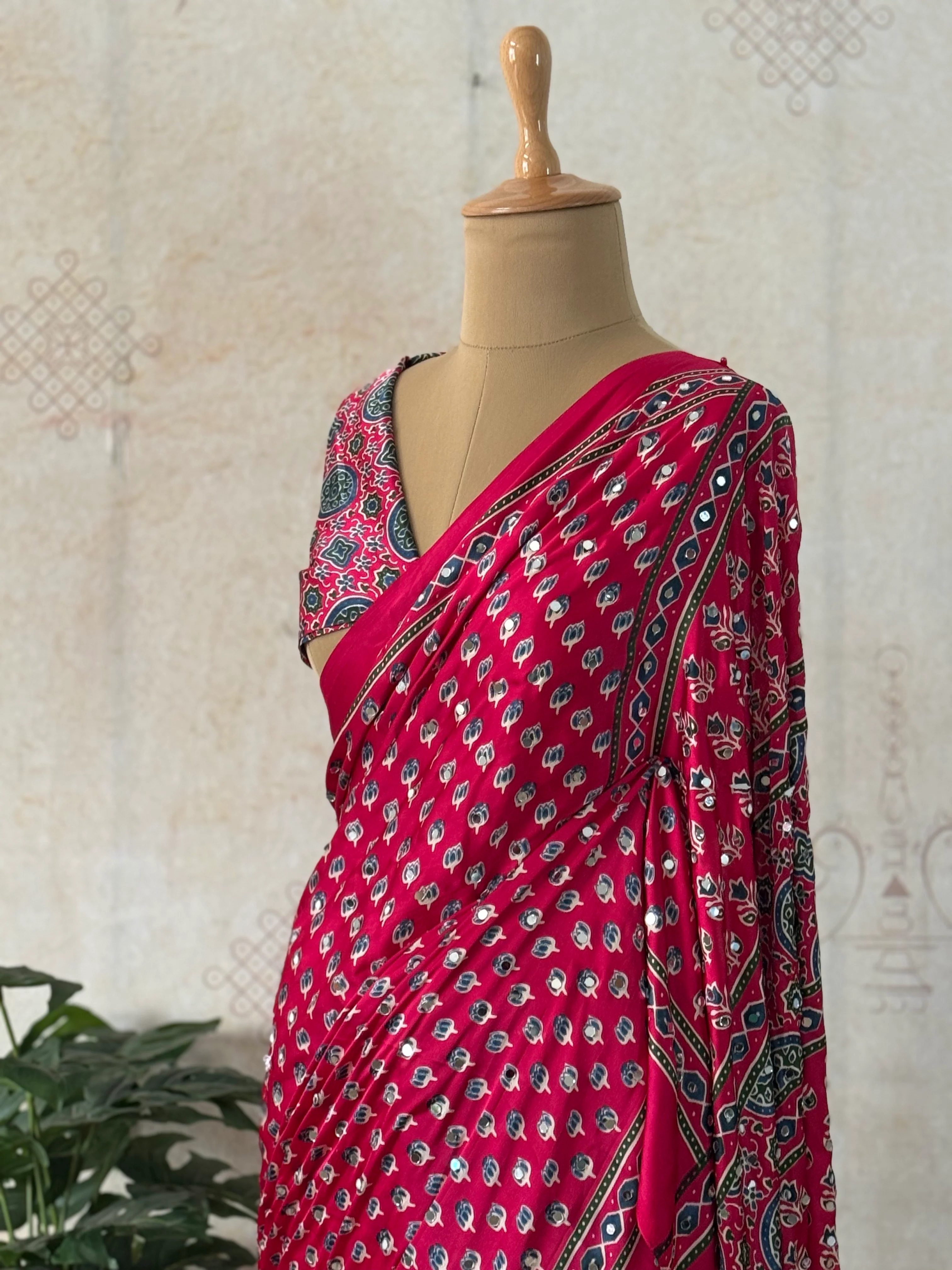 Rani Pink Modal Silk Bagru Print Saree with Mirror Work | Ajrakh Blouse - Image 4