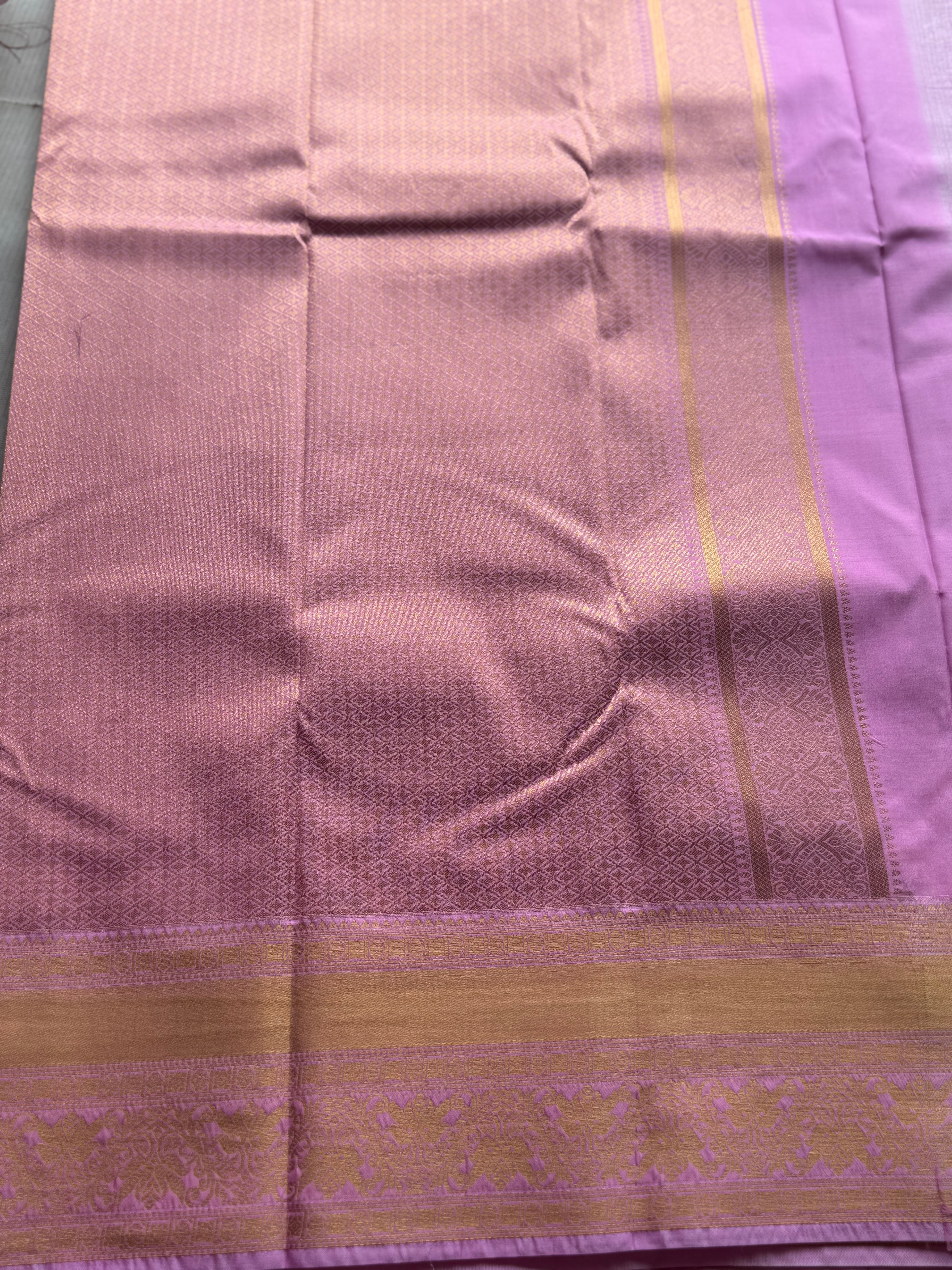 Semi Kanchi Silk Saree with Vertical Zari Lines & Pink Gold Border - Image 4