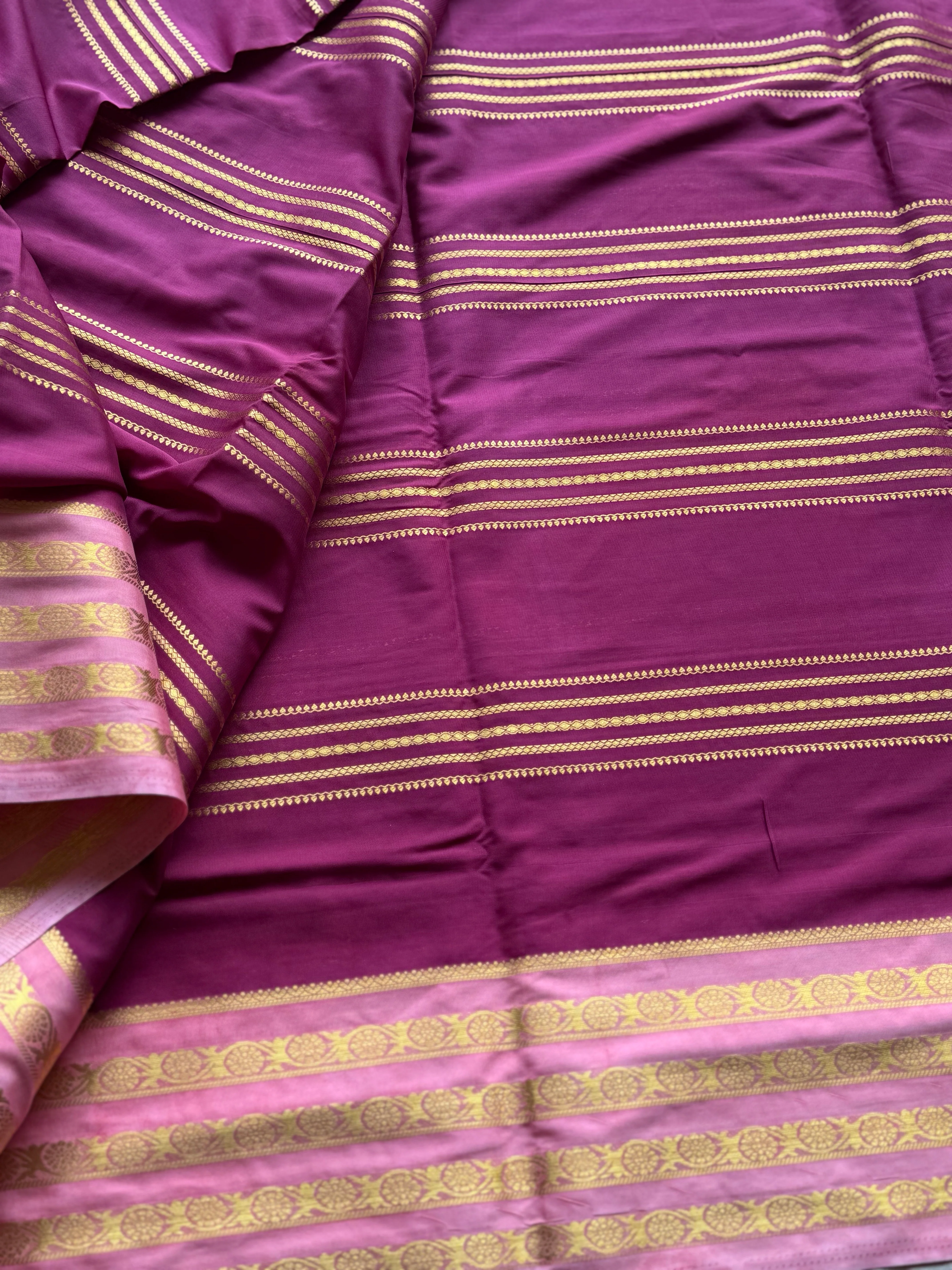 Semi Mysore Crepe Silk Saree with Golden Zari Lines & Contrast Blouse - Image 3