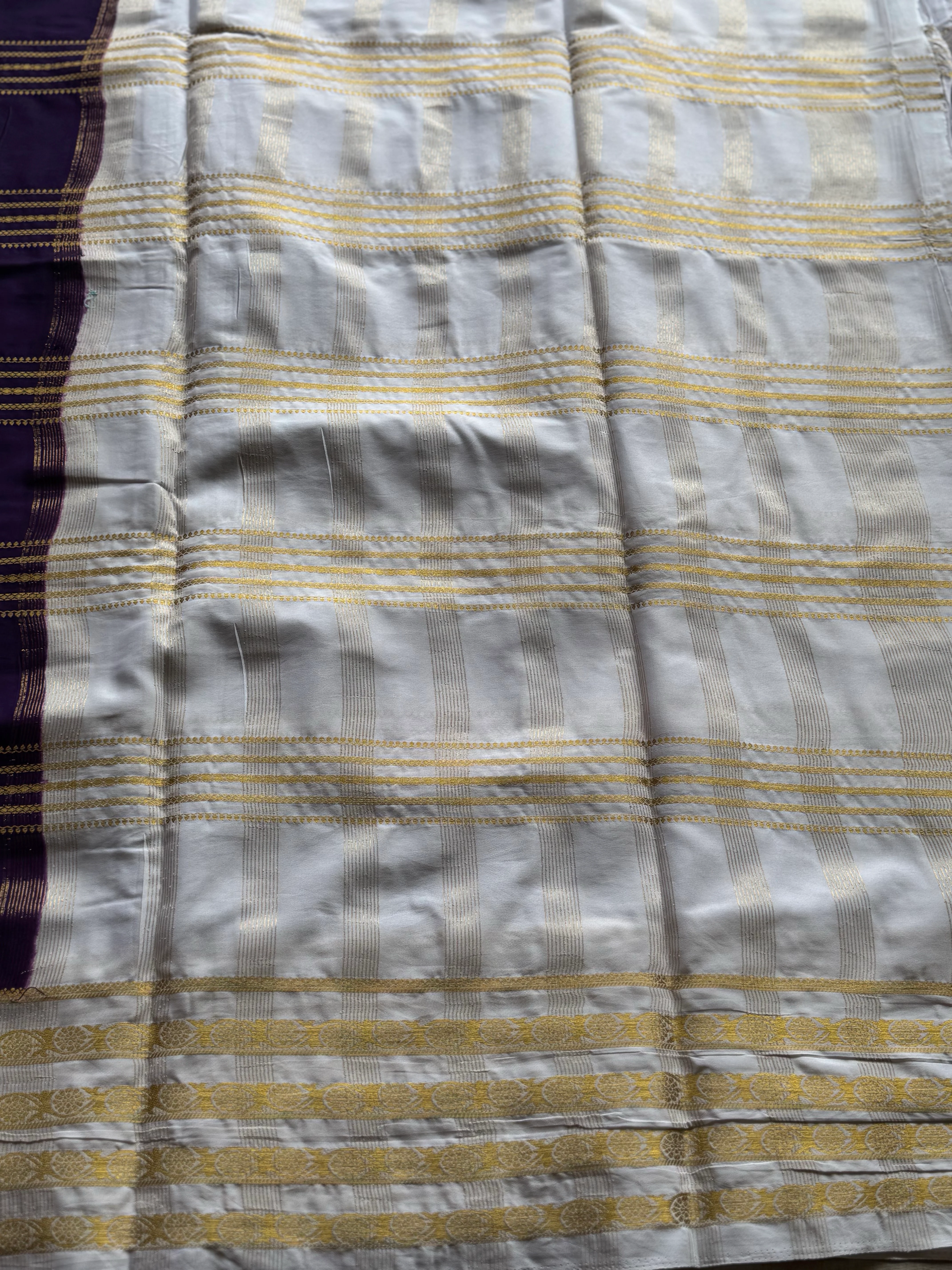 Semi Mysore Crepe Silk Saree with Purple & Gold Contrast Border - Image 2