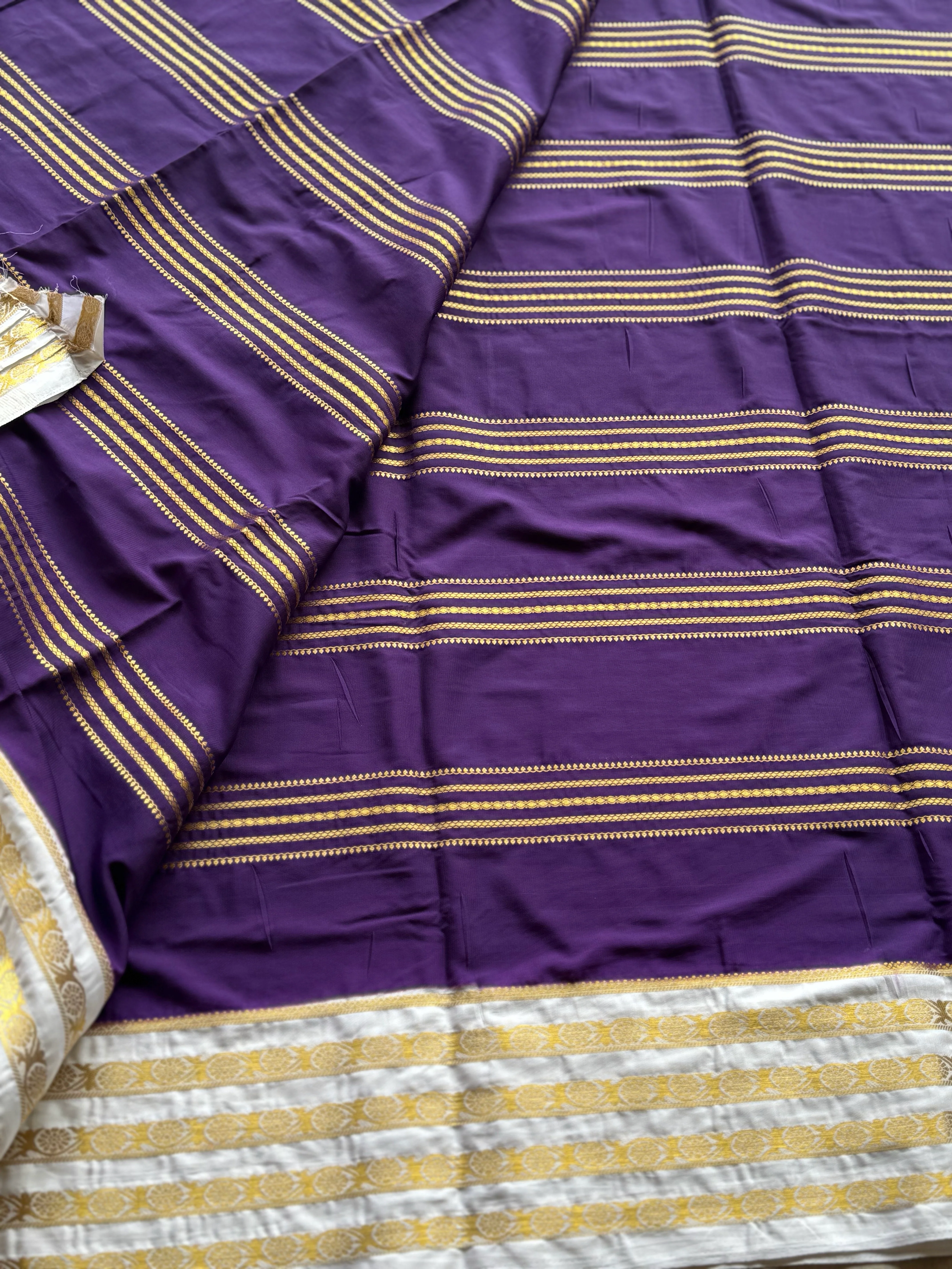 Semi Mysore Crepe Silk Saree with Purple & Gold Contrast Border - Image 3