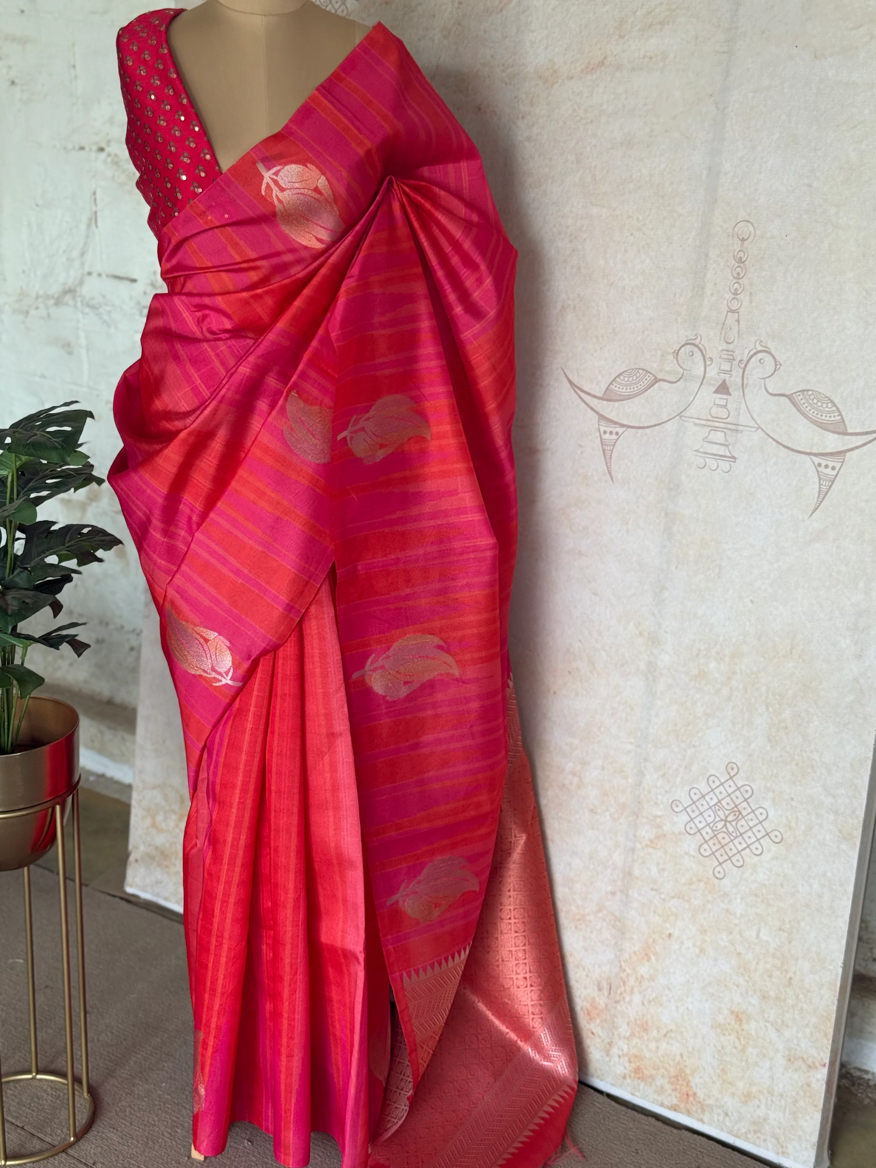 Semi Silk Saree with Stripes and Floral Zari Work - Image 2